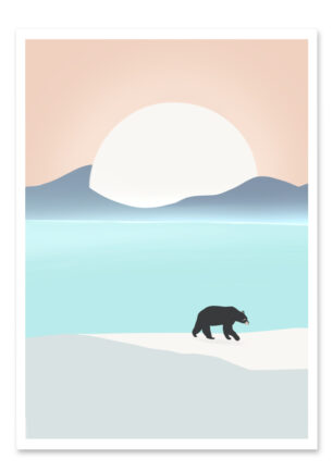 Affiche ours, dessin d'un ours en hiver à coté d'un lac, une illustration minimaliste de DENADDA