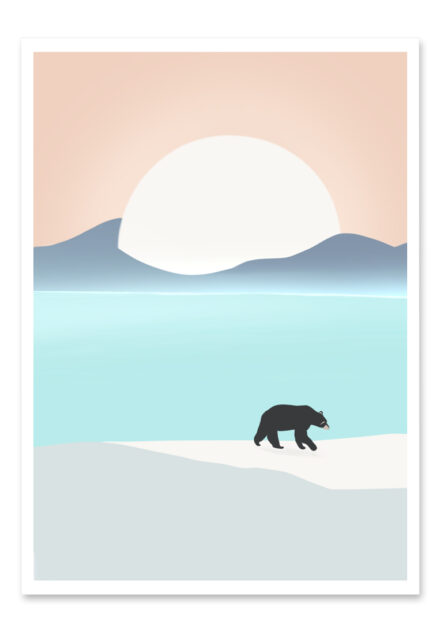Affiche ours, dessin d'un ours en hiver à coté d'un lac, une illustration minimaliste de DENADDA