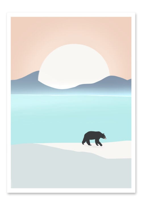 Affiche ours, dessin d'un ours en hiver à coté d'un lac, une illustration minimaliste de DENADDA