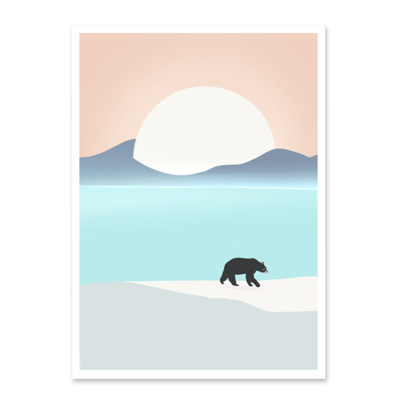 Affiche ours, dessin d'un ours en hiver à coté d'un lac, une illustration minimaliste de DENADDA