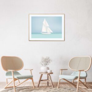 Affiche Pen Duick dans un cadre, dessin du bateau d'Eric Tabarly, un voilier qui vogue sur l'océan, poster, décoration intérieur, tableau d'une illustration minimaliste de DENADDA.