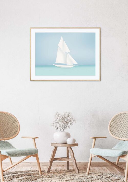 Tableau du bateau "Pen Duick" DENADDA Affiche Pen Duick dans un cadre, dessin du bateau d'Eric Tabarly, un voilier qui vogue sur l'océan, poster, décoration intérieur, tableau d'une illustration minimaliste de DENADDA.