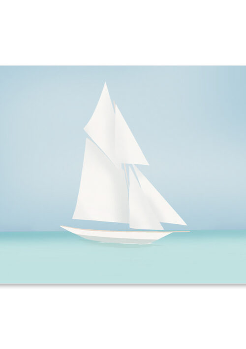 Affiche Pen Duick, dessin du bateau d'Eric Tabarly, un voilier vogue en mer, une illustration minimaliste de DENADDA