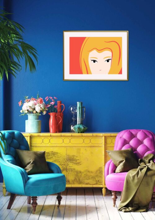 Tableau de la petite fille d'Au sommet "Open your eyes" DENADDA Affiche petite fille dans un cadre, dessin de la petite fille d'Au sommet, poster, décoration murale, intérieur, tableau d'une illustration minimaliste de DENADDA.