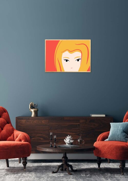 Tableau de la petite fille d'Au sommet "Open your eyes" DENADDA Affiche petite fille dans un cadre, dessin de la petite fille d'Au sommet, poster, décoration murale, intérieur, tableau d'une illustration minimaliste de DENADDA.