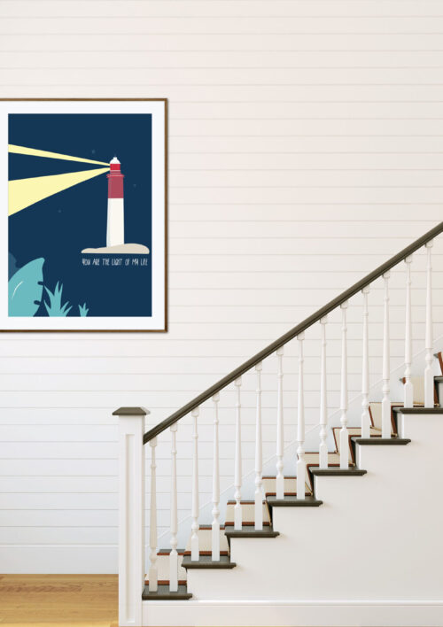 Tableau du phare du Cap Ferret "Your love is my light" DENADDA Affiche phare Cap Ferret, dessin du phare du Cap Ferret de nuit, poster, décoration murale, intérieur, tableau d'une illustration minimaliste de DENADDA.