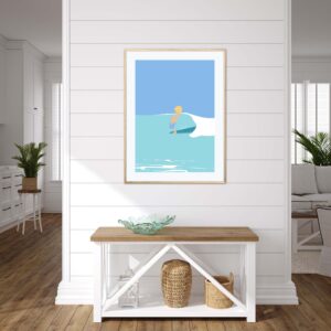 Affiche surf dans un cadre, un enfant surf avec sa planche sur une vague, poster, décoration intérieur, tableau d'une illustration minimaliste de DENADDA.