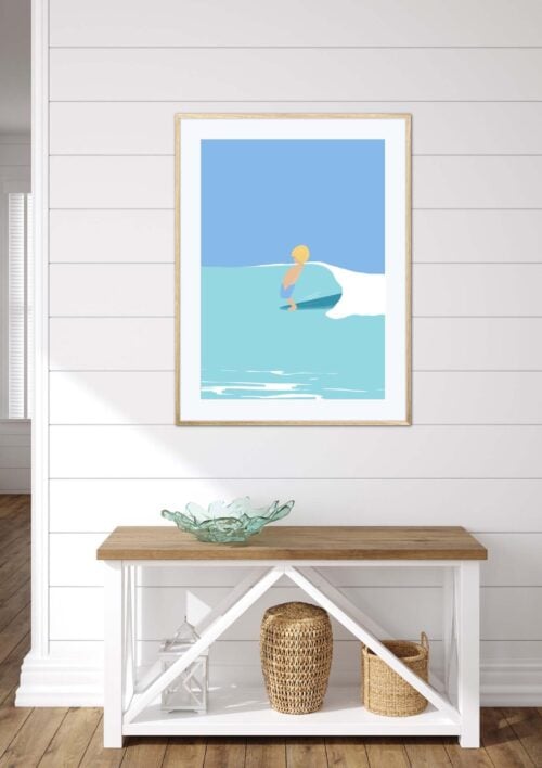 Tableau surf "Ride" DENADDA Affiche surf dans un cadre, un enfant surf avec sa planche sur une vague, poster, décoration intérieur, tableau d'une illustration minimaliste de DENADDA.