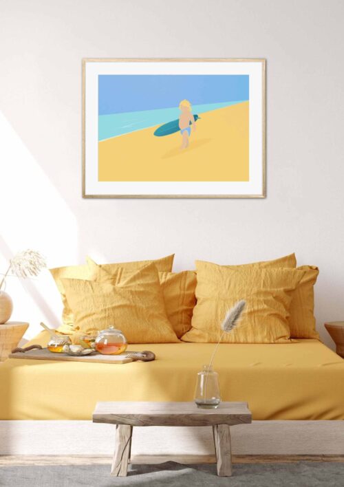 Tableau surf "Let's do this !" DENADDA Affiche surf dans un cadre, un enfant avec sa planche de surf à la plage, poster, décoration intérieur, tableau d'une illustration minimaliste de DENADDA.