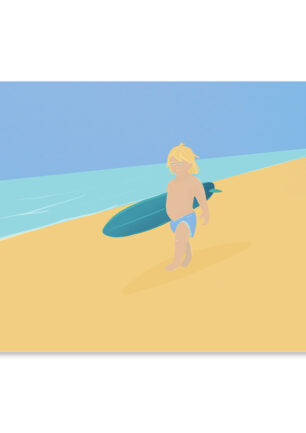 Affiche surf, dessin d'un enfant avec sa planche de surf à la plage, ce poster surf est une illustration minimaliste de DENADDA