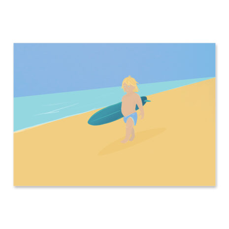 Affiche surf, dessin d'un enfant avec sa planche de surf à la plage, ce poster surf est une illustration minimaliste de DENADDA