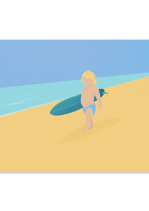 Affiche surf, dessin d'un enfant avec sa planche de surf à la plage, ce poster surf est une illustration minimaliste de DENADDA