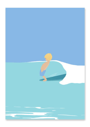 Affiche surf, dessin d'un enfant qui surf sur une vague, ce poster surf est une illustration minimaliste de DENADDA