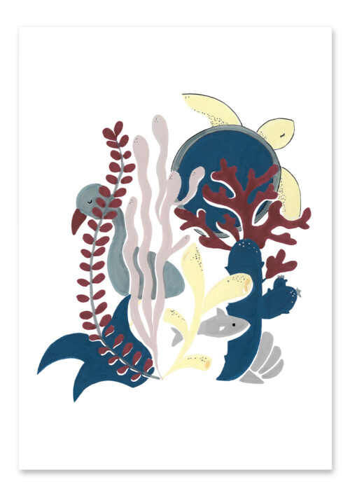 Affiche tortue, dessin d'une tortue de mer EYA et ses amis, une illustration minimaliste de DENADDA