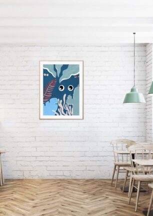Affiche tortue de mer Eya dans un cadre, dessin d'une tortue de mer dans la nuit, poster, décoration intérieur, tableau d'une illustration minimaliste de DENADDA.