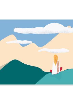 Affiche zen contemplation, une petite fille médite au sommet du Tibet dans l'Himalaya, une illustration minimaliste de DENADDA