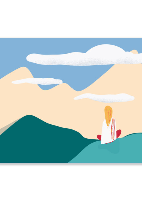 Affiche zen contemplation, une petite fille médite au sommet du Tibet dans l'Himalaya, une illustration minimaliste de DENADDA