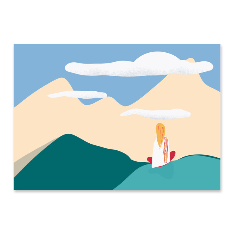 Affiche zen contemplation, une petite fille médite au sommet du Tibet dans l'Himalaya, une illustration minimaliste de DENADDA