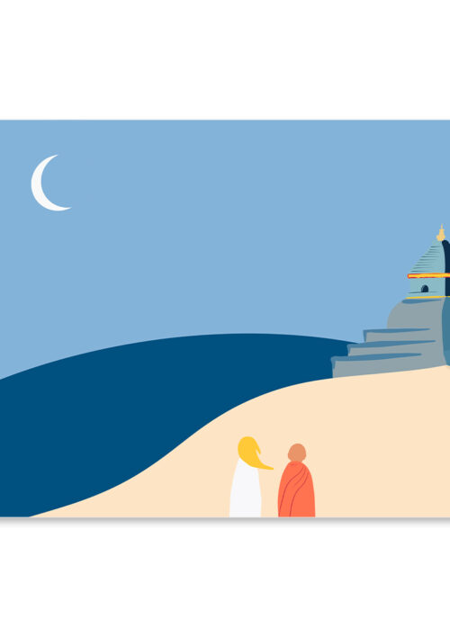 Affiche zen au Tibet, un moine et une petite fille regarde un temple au Tibet, une illustration minimaliste de DENADDA