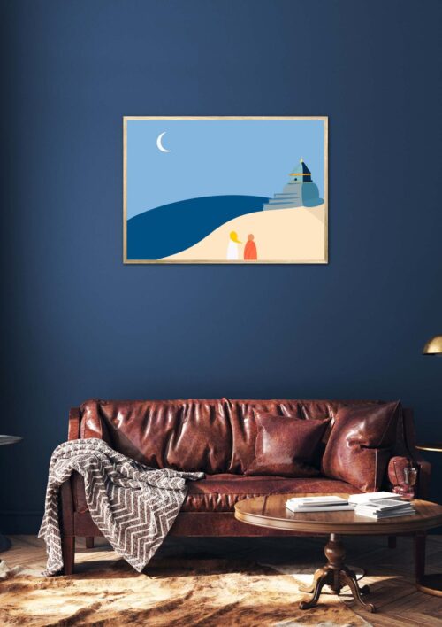 Tableau zen au Tibet "Temple" DENADDA Affiche zen au Tibet dans un cadre, une petite fille et un moine regarde un temple, poster, décoration intérieur, tableau d'une illustration minimaliste de DENADDA.