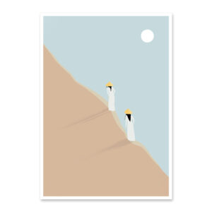 Affiche zen, deux jeunes femmes font l'ascension d'une dune, une illustration minimaliste de DENADDA
