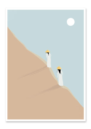 Affiche zen, deux jeunes femmes font l'ascension d'une dune, une illustration minimaliste de DENADDA