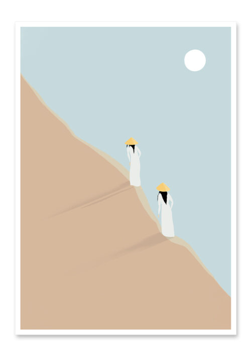 Affiche zen, deux jeunes femmes font l'ascension d'une dune, une illustration minimaliste de DENADDA
