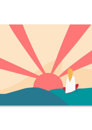 Affiche zen Méditation, une petite fille médite au coucher du soleil sur une montagne au Tibet, une illustration minimaliste de DENADDA