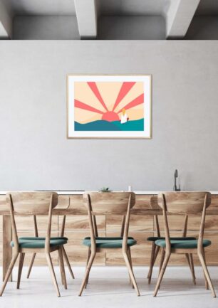 Affiche zen méditation dans un cadre, une petite fille médite au sommet d'une montagne au Tibet, poster, décoration intérieur, tableau d'une illustration minimaliste de DENADDA.