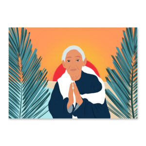 Affiche zen, une femme âgée et sage au coucher de soleil, une illustration minimaliste de DENADDA