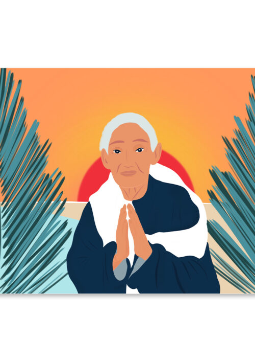 Affiche zen, une femme âgée et sage au coucher de soleil, une illustration minimaliste de DENADDA