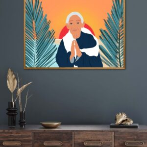 Affiche zen dans un cadre, une femme âgée et sage au soleil levant, poster, décoration intérieur, tableau d'une illustration minimaliste de DENADDA.