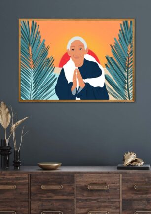 Affiche zen dans un cadre, une femme âgée et sage au soleil levant, poster, décoration intérieur, tableau d'une illustration minimaliste de DENADDA.