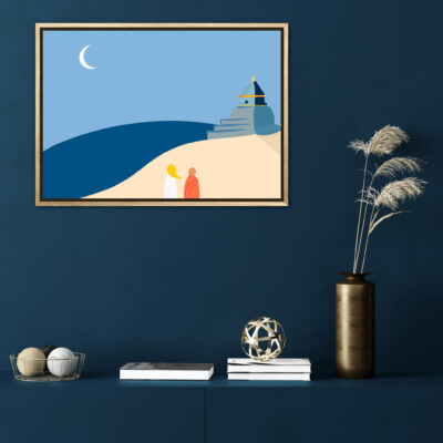 Affiche zen au Tibet dans un cadre, une petite fille et un Bouddha regarde un temple, poster, décoration intérieur, tableau d'une illustration minimaliste de DENADDA.