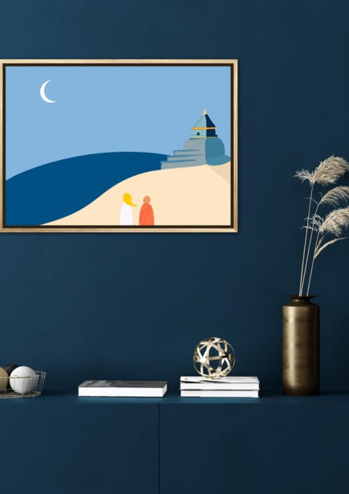 Tableau zen au Tibet "Temple" DENADDA Affiche zen au Tibet dans un cadre, une petite fille et un Bouddha regarde un temple, poster, décoration intérieur, tableau d'une illustration minimaliste de DENADDA.