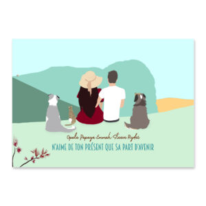 Illustration famille de dos personnalisé, dessin de 2 personnes, 1 chat et 2 chiens, illustratrice DENADDA