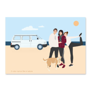 Illustration famille personnalisée, 3 personnes et un chien avec un van au bord de la mer. Composition de face à partir de plusieurs photos, DENADDA.