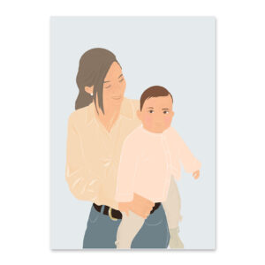 Illustration personnalisée, portrait d'une maman et son enfant sur un fond bleu uni. DENADDA