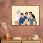 Dessin personnalisé de 5 personnes et 1 bébé pour une naissance. Denadda