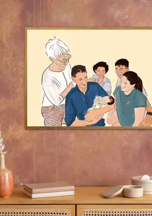 Dessin personnalisé Dessin personnalisé de 5 personnes et 1 bébé pour une naissance. Denadda