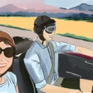 Dessin personnalisé d'un couple en voiture sur une route de campagne. Denadda