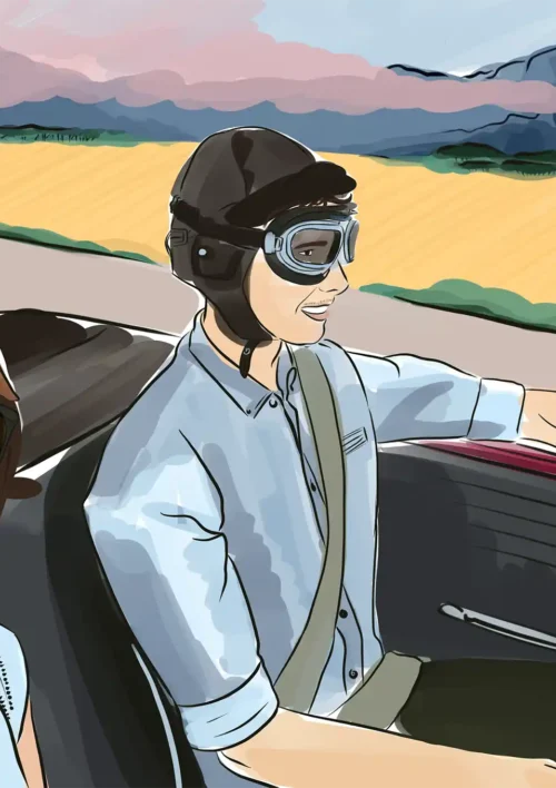 Dessin personnalisé Dessin personnalisé d'un couple en voiture sur une route de campagne. Denadda