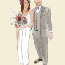 Dessin personnalisé pour un mariage. 2 mariés sur un fond crème uni. Dessiné par DENADDA.