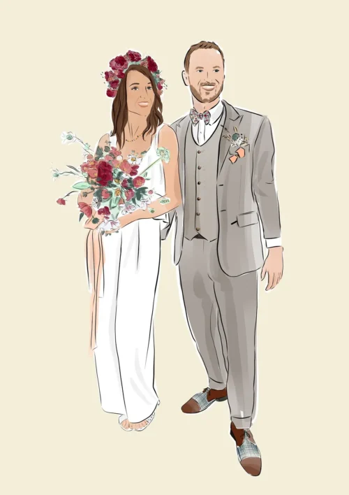 Dessin personnalisé Dessin personnalisé pour un mariage. 2 mariés sur un fond crème uni. Dessiné par DENADDA.