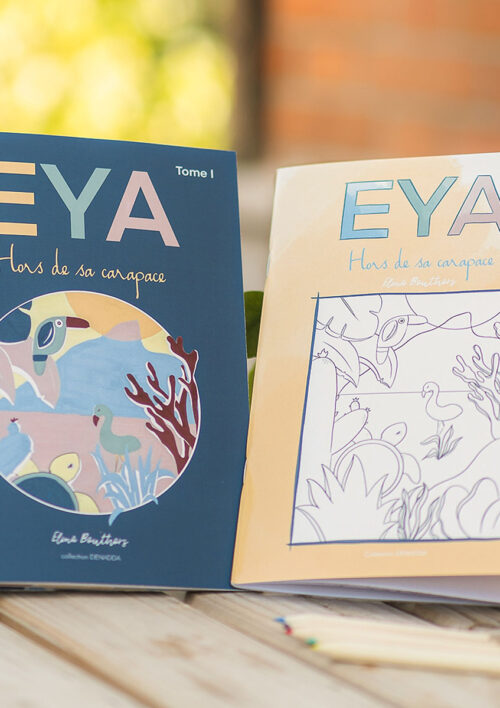 Coffret Duo EYA. Livre et son livret de coloriage. Histoire pour enfant avec une petite tortue de mer. Collection DENADDA