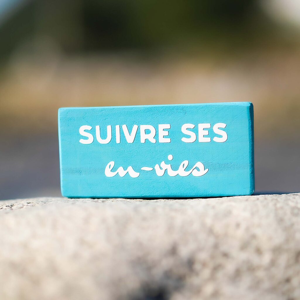 Suivre ses en-vies Pancarte bois décoration intérieure couleur bleu ciel avec texte suivre ses en-vies. Fait main par DENADDA