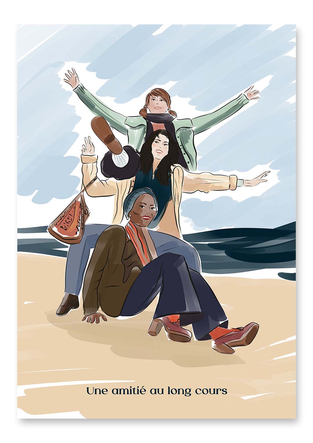 Portrait famille personnalisé, dessin 3 personnes à la plage avec texte sur un fond illustré. DENADDA