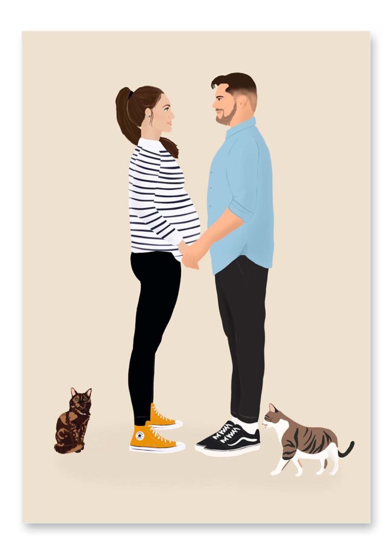 Portrait famille personnalisé, illustration d'un couple et ses 2 animaux de compagnies sur un fond uni. DENADDA