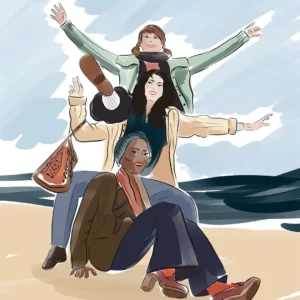 Dessin famille personnalisé 3 personnes à la plage composé à partir d'une photo. DENADDA