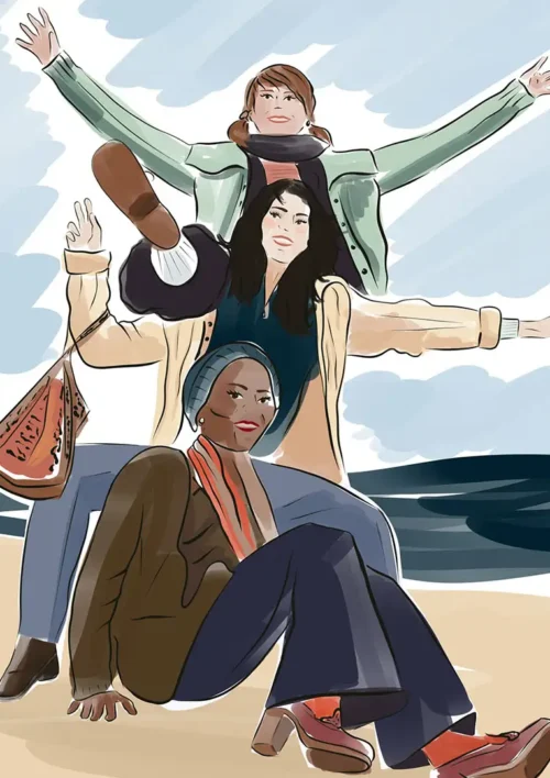 Dessin personnalisé 3 personnes à la plage. Denadda